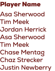 Player Name Asa Sherwood Tim Meek Jordan Herrick Asa Sherwood Tim Meek Chase Mentag Chaz Strecker Justin Newberry