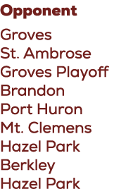 Opponent Groves St. Ambrose Groves Playoff Brandon Port Huron Mt. Clemens Hazel Park Berkley Hazel Park