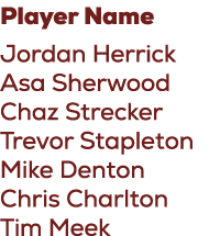 Player Name Jordan Herrick Asa Sherwood Chaz Strecker Trevor Stapleton Mike Denton Chris Charlton Tim Meek