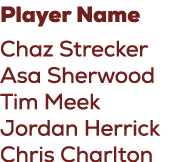 Player Name Chaz Strecker Asa Sherwood Tim Meek Jordan Herrick Chris Charlton