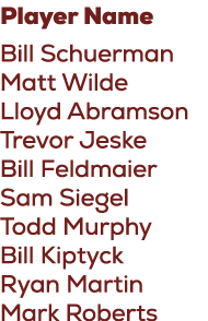 Player Name Bill Schuerman Matt Wilde Lloyd Abramson Trevor Jeske Bill Feldmaier Sam Siegel Todd Murphy Bill Kiptyck ...