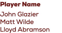Player Name John Glazier Matt Wilde Lloyd Abramson