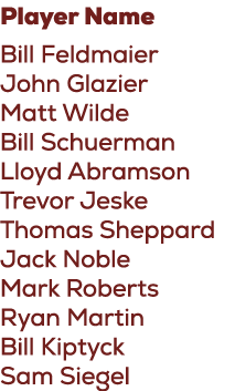 Player Name Bill Feldmaier John Glazier Matt Wilde Bill Schuerman Lloyd Abramson Trevor Jeske Thomas Sheppard Jack No...