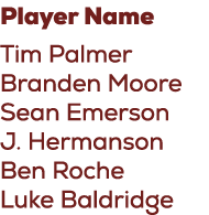 Player Name Tim Palmer Branden Moore Sean Emerson J. Hermanson Ben Roche Luke Baldridge