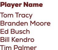 Player Name Tom Tracy Branden Moore Ed Busch Bill Kendro Tim Palmer
