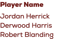 Player Name Jordan Herrick Derwood Harris Robert Blanding