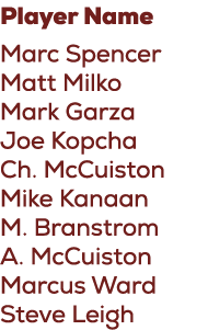 Player Name Marc Spencer Matt Milko Mark Garza Joe Kopcha Ch. McCuiston Mike Kanaan M. Branstrom A. McCuiston Marcus ...