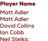 Player Name Matt Adler Matt Adler David Collins Ian Cobb Neil Stelkic