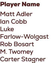 Player Name Matt Adler Ian Cobb Luke Farlow Wolgast Rob Bosart M. Twomey Carter Stagner