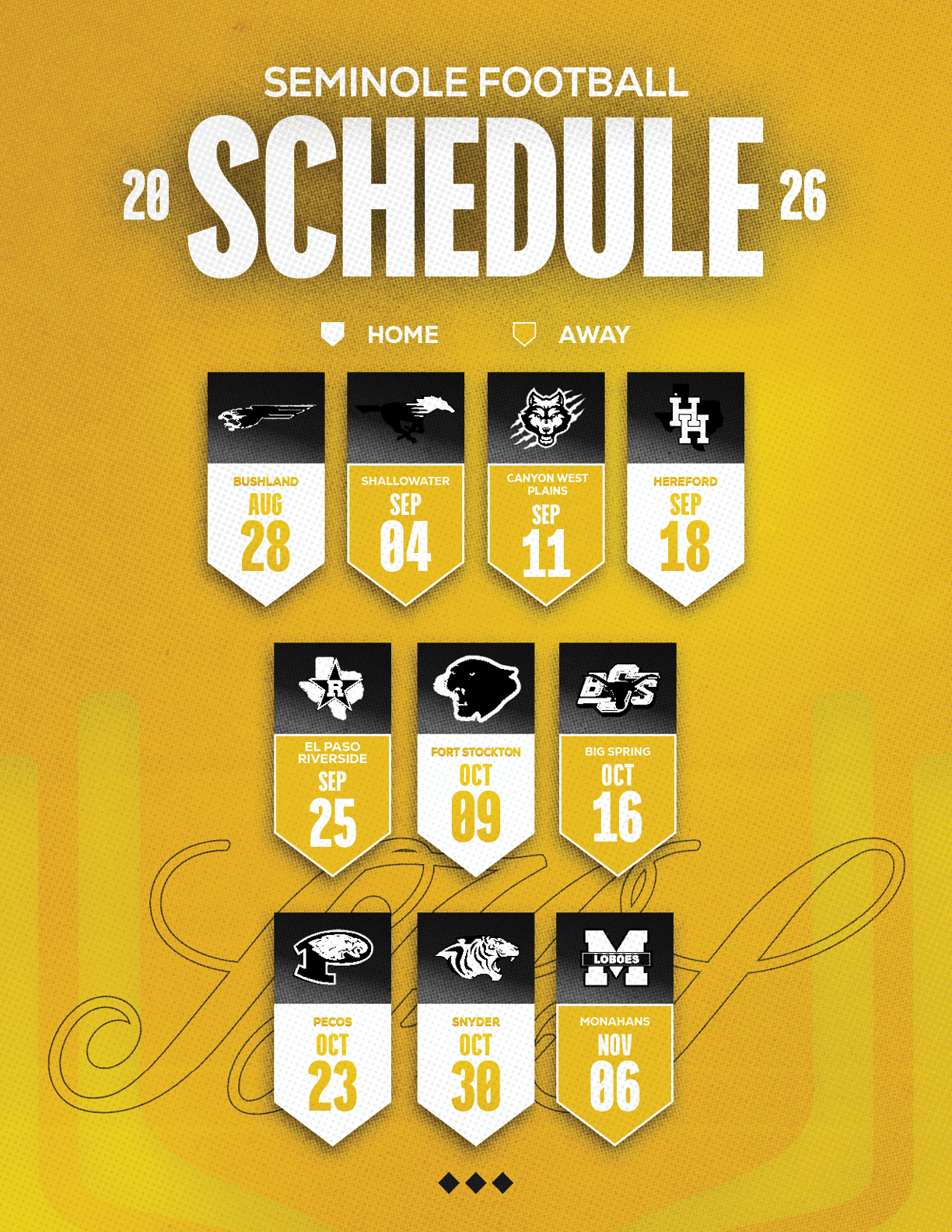 The 2026 Seminole Football schedule is displayed on a gold background with team logos and dates for home and away games arranged in a grid format. Description generated by AI