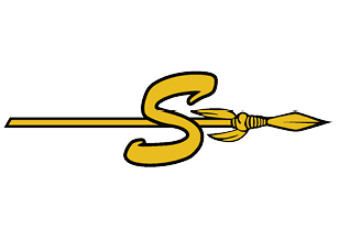 A stylized golden spear with a large, curved letter S integrated into the shaft near the spearhead. Description generated by AI