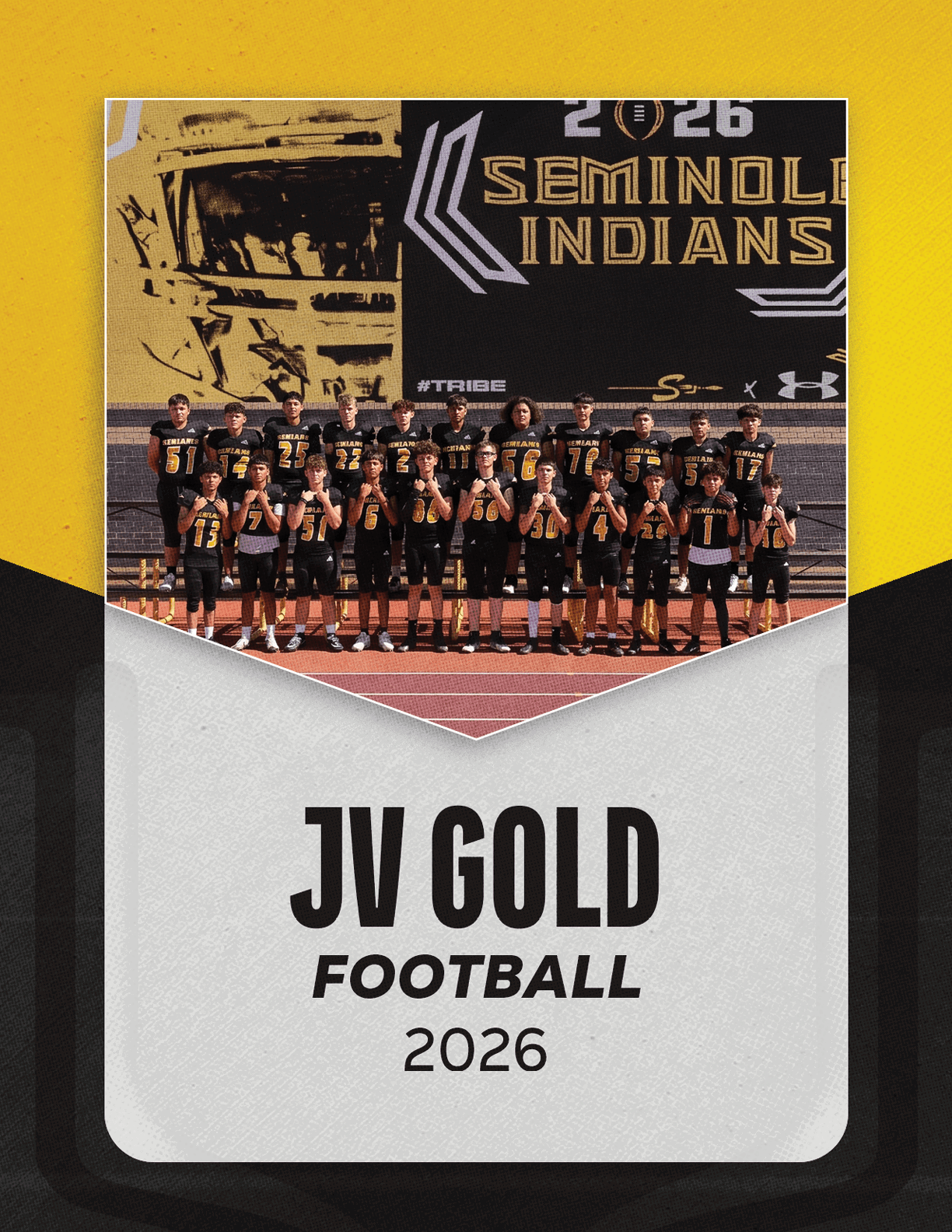 A group of people in black and gold football uniforms pose on a track field in front of a scoreboard that reads Seminole Indians with the text JV Gold Football 2026 below. Description generated by AI