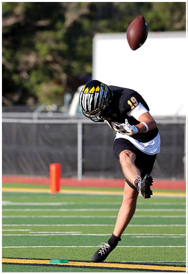 A football player wearing a blue and white uniform. Description generated by AI