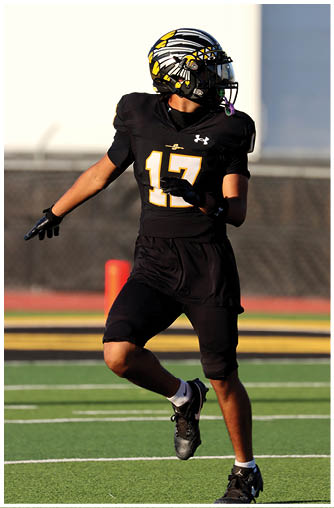 A football player running on the field. Description generated by AI