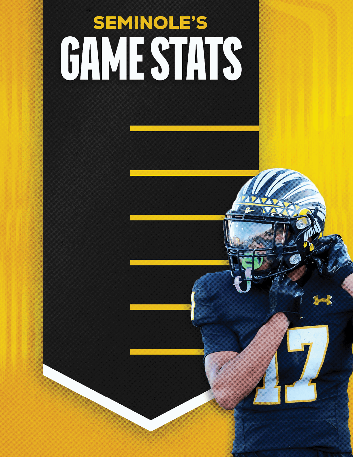 A person in a football uniform with a helmet stands next to a black banner with yellow text reading Seminole's Game Stats on a yellow background. Description generated by AI