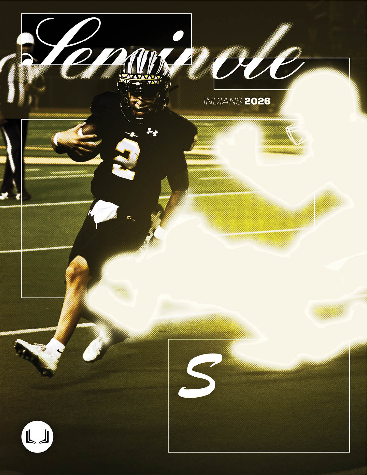 A person wearing a black football uniform with the number 2 is running on a field while holding a football, with a glowing, abstract figure reaching toward them and the text “Seminole Indians 2026" in the background. Description generated by AI