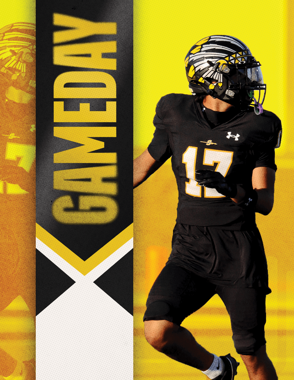 A person wearing a black football uniform with the number 17 and a helmet with a yellow and black design is preparing to throw a football on a field with a yellow background and a vertical banner that reads GAMEDAY. Description generated by AI