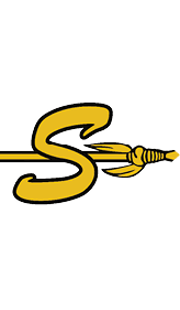 A stylized yellow letter S is intertwined with a yellow spear that has a detailed, wrapped handle and pointed tip. Description generated by AI