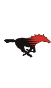 A stylized silhouette of a running horse with a black body transitioning into a red mane that appears to be blowing backward. Description generated by AI