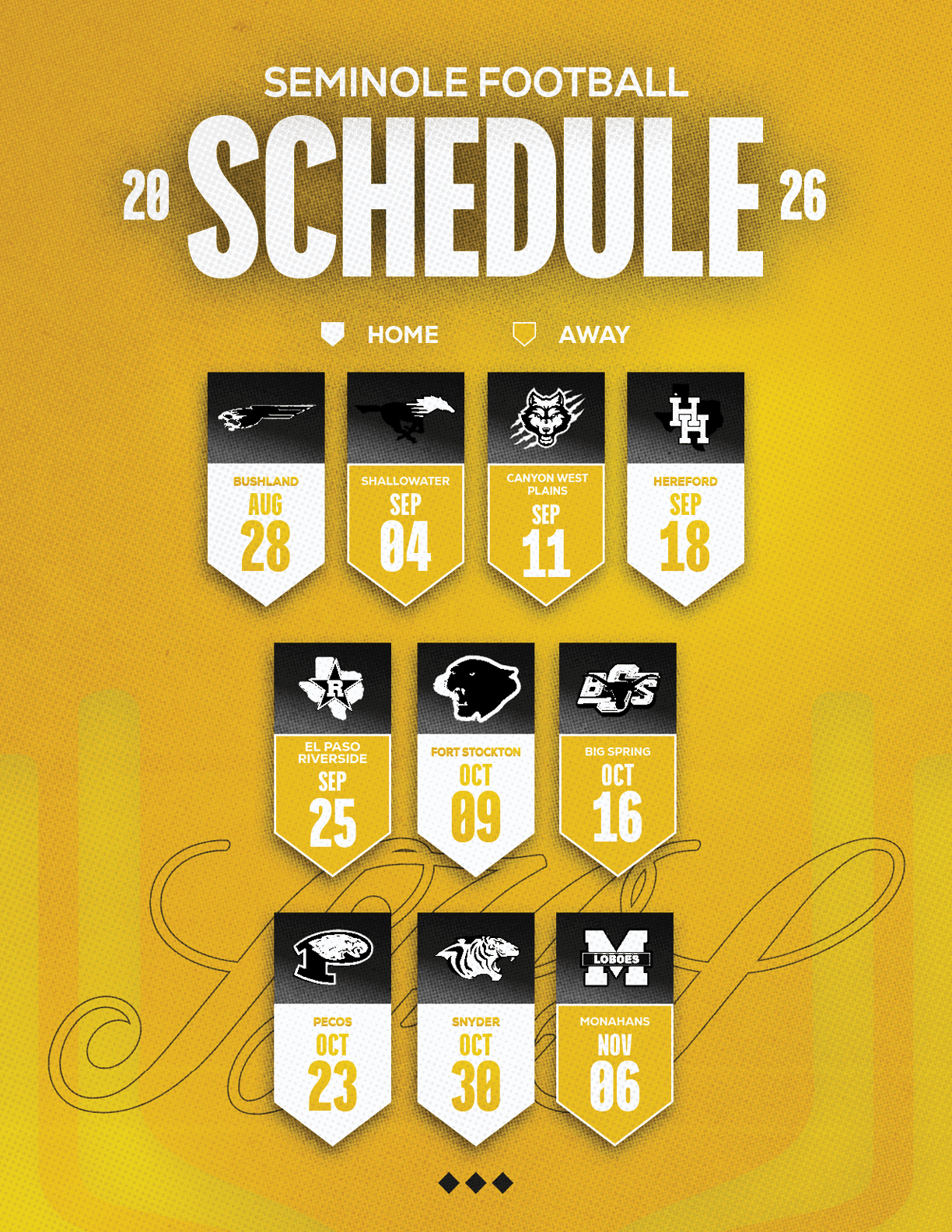The 2026 Seminole Football schedule is displayed on a yellow background with dates and opponents shown in black and white banners indicating home and away games. Description generated by AI