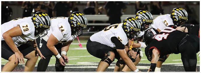 A group of football players on a field. Description generated by AI