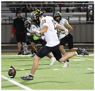 A football player running on the field. Description generated by AI