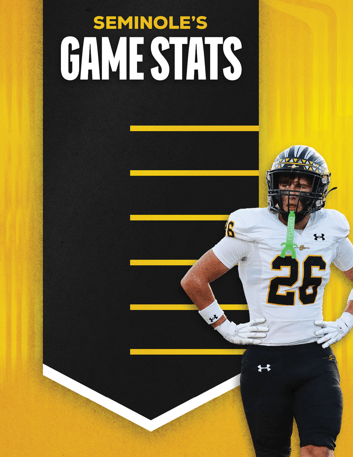 A person in a football uniform stands with hands on hips next to a black and yellow graphic banner titled Seminole's Game Stats with empty horizontal lines for statistics. Description generated by AI