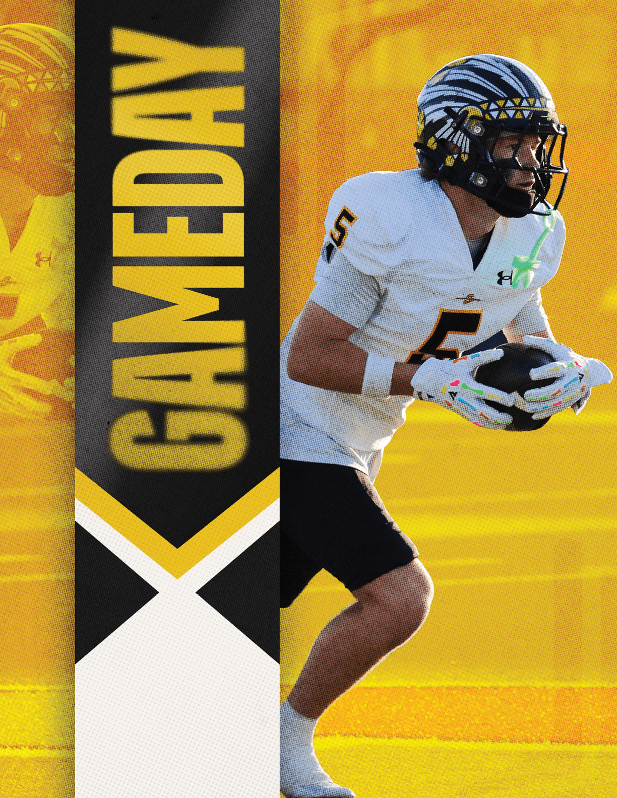 A person wearing a white sports jersey with the number 5 and a helmet is holding a football on a field with a vertical banner next to them that reads GAMEDAY in bold yellow letters. Description generated by AI