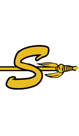 A stylized yellow letter S is intertwined with a yellow spear that has a detailed, wrapped handle and pointed tip. Description generated by AI
