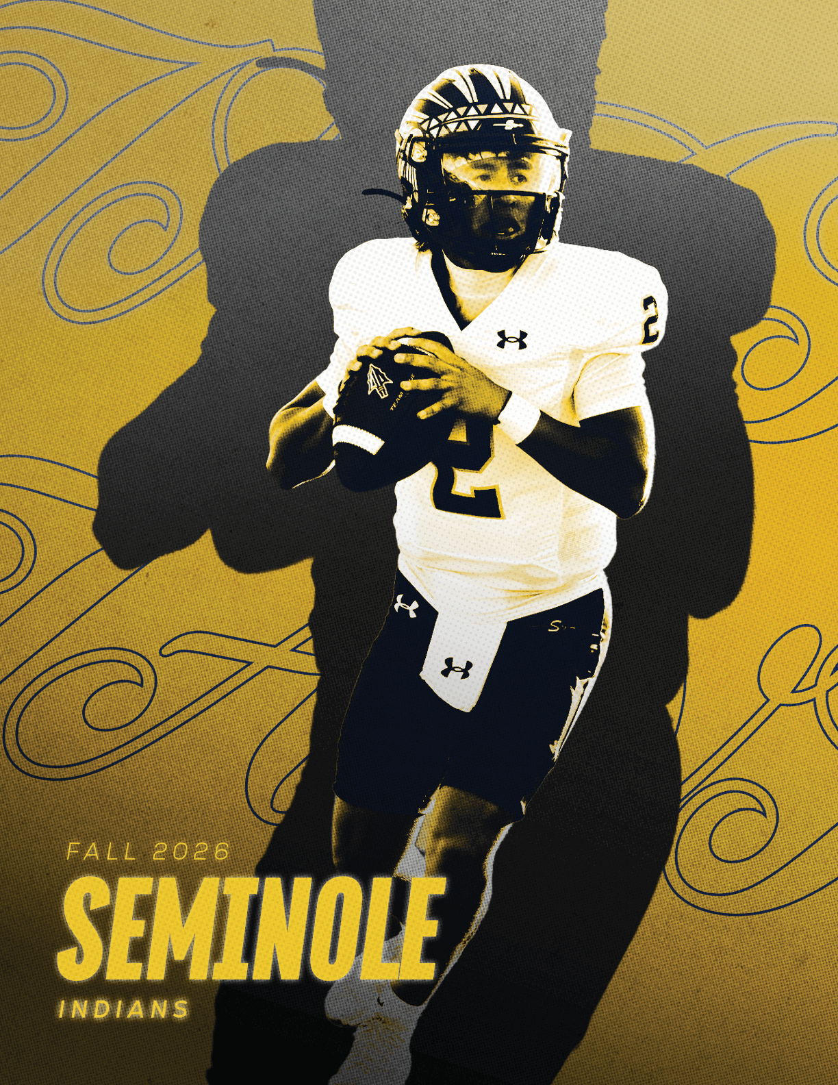 A person in a football uniform holding a football in a throwing position is set against a stylized background with the text “Fall 2023 Seminole Indians." Description generated by AI