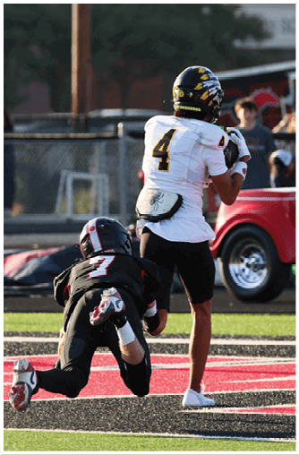 A football player running on the field. Description generated by AI