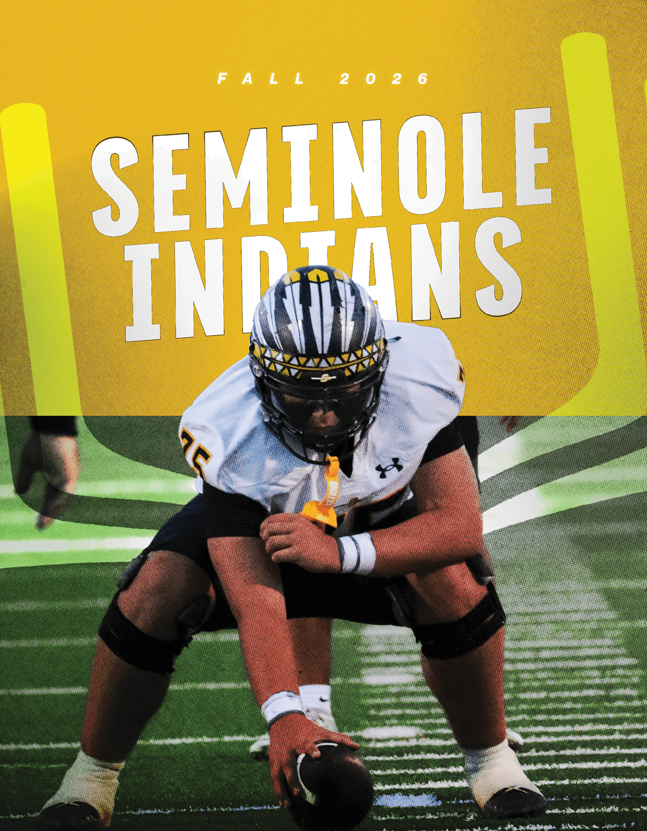 An athlete in football gear is crouched on a field holding a football, with the text “Fall 2020 Seminole Indians" displayed above. Description generated by AI