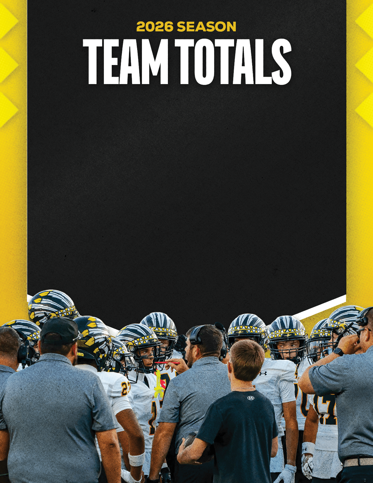 A group of people wearing sports helmets and uniforms are gathered closely together with some adults in gray shirts standing among them under a black and yellow banner that reads 2026 season team totals. Description generated by AI