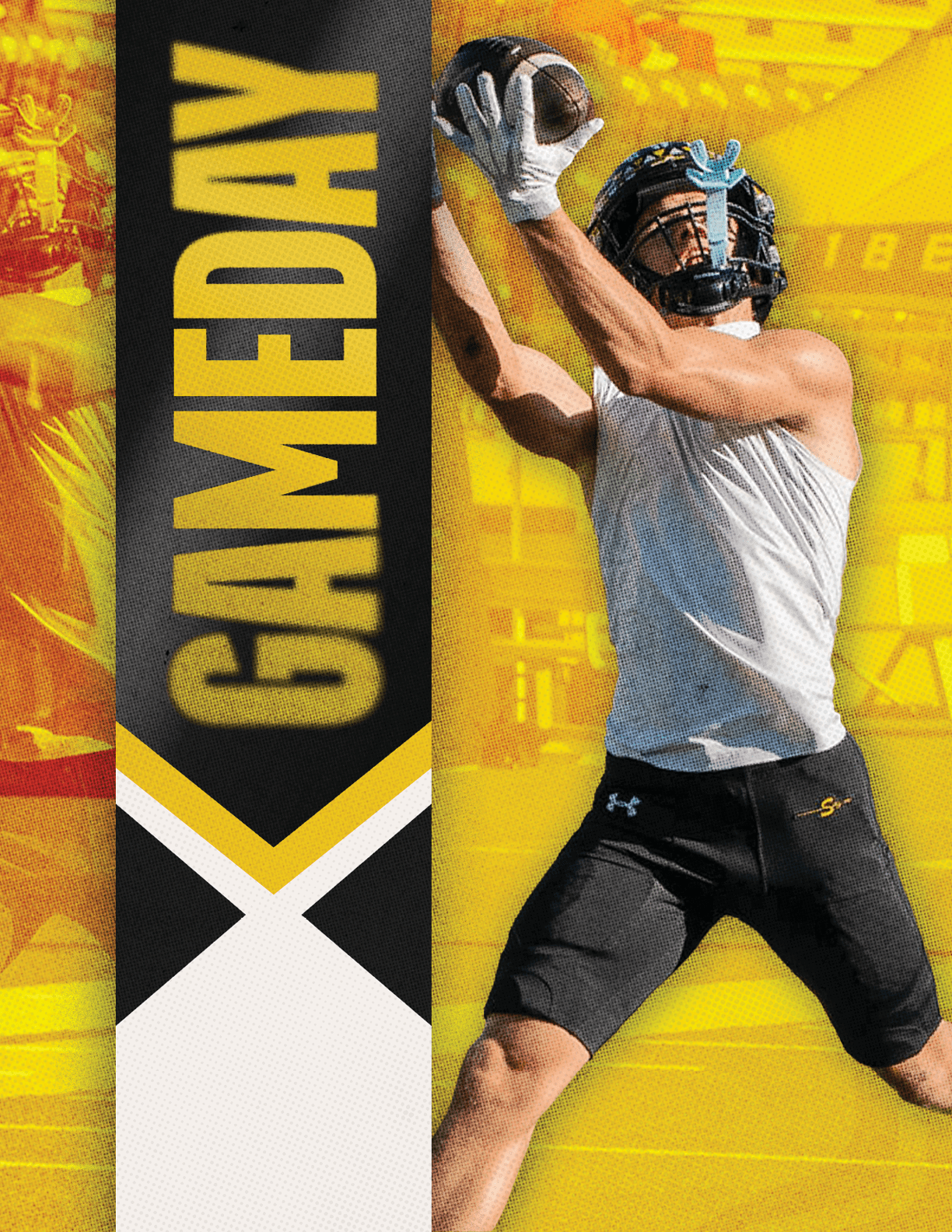 A person wearing a helmet and athletic clothing is jumping to catch a football next to a vertical banner with the word GAMEDAY in bold yellow letters on a black and white background. Description generated by AI