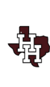 Two white outlined letters “H" overlap each other in front of a maroon silhouette of the state of Texas. Description generated by AI