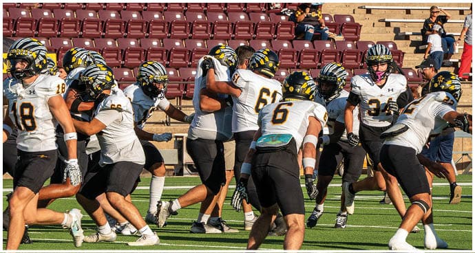 A group of football players on a field. Description generated by AI