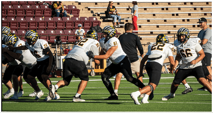 A group of football players on a field. Description generated by AI