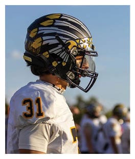 Two football players wearing black jerseys and holding hands. Description generated by AI