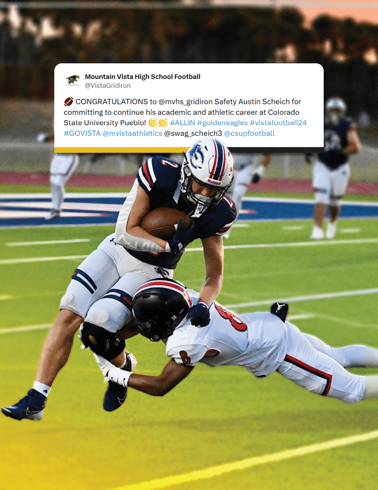 A person in a dark blue and white football uniform is running with the ball while being tackled by another person in a white and red football uniform on a green field. Description generated by AI