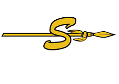 A stylized golden spear with a large, curved letter S integrated into the shaft near the spearhead. Description generated by AI