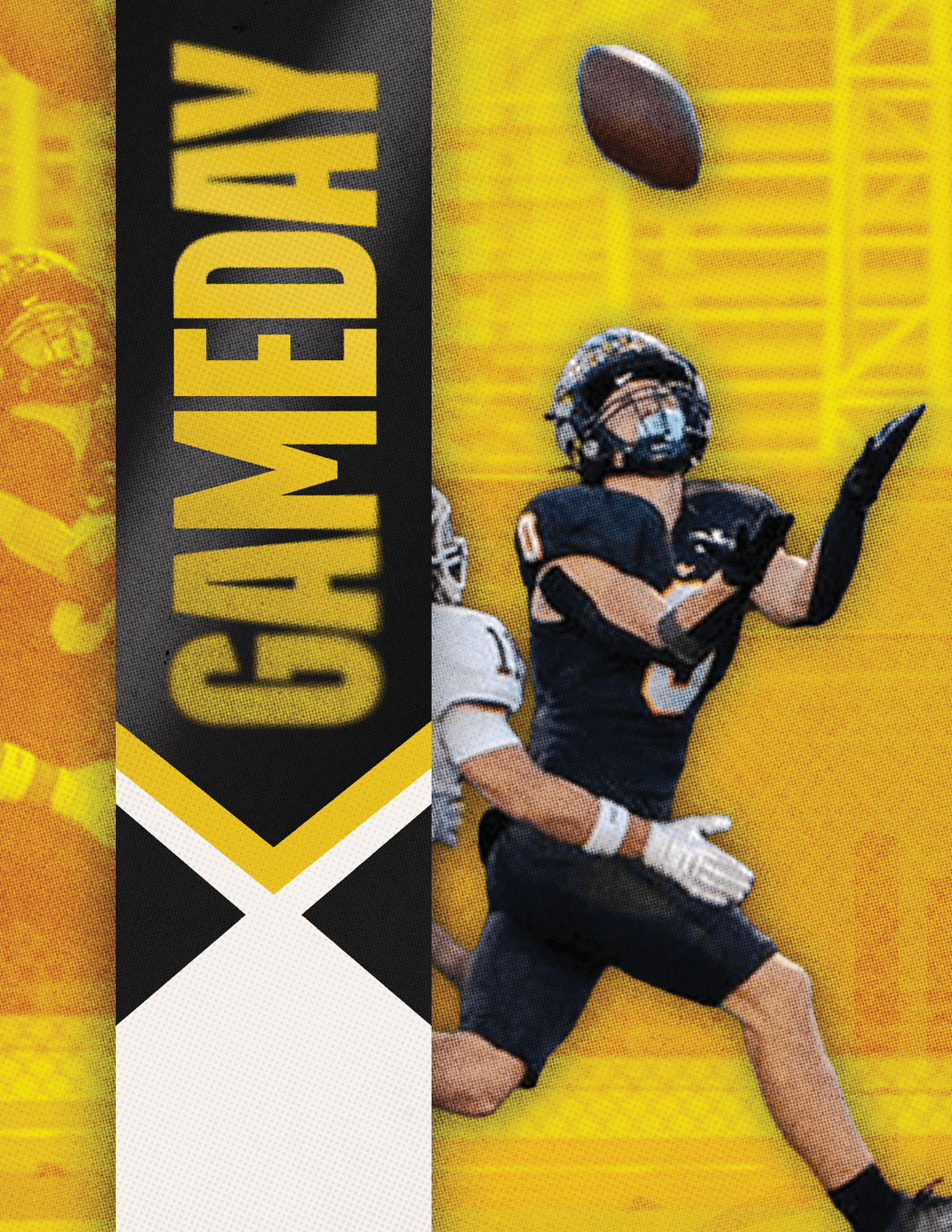 A person in black sports gear is reaching up to catch a football while another person in white sports gear is behind them, with a yellow and black vertical banner reading GAMEDAY on the left side. Description generated by AI