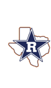 A navy blue star with a white letter R in the center is overlaid on an outline of the state of Texas. Description generated by AI