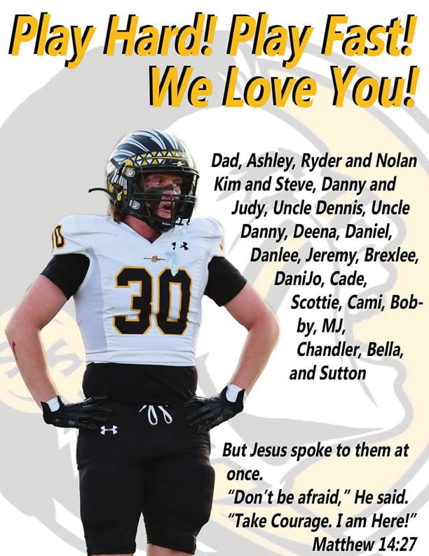 A person in a football uniform with the number 30 stands with hands on hips next to text expressing encouragement, love, and a motivational Bible quote. Description generated by AI