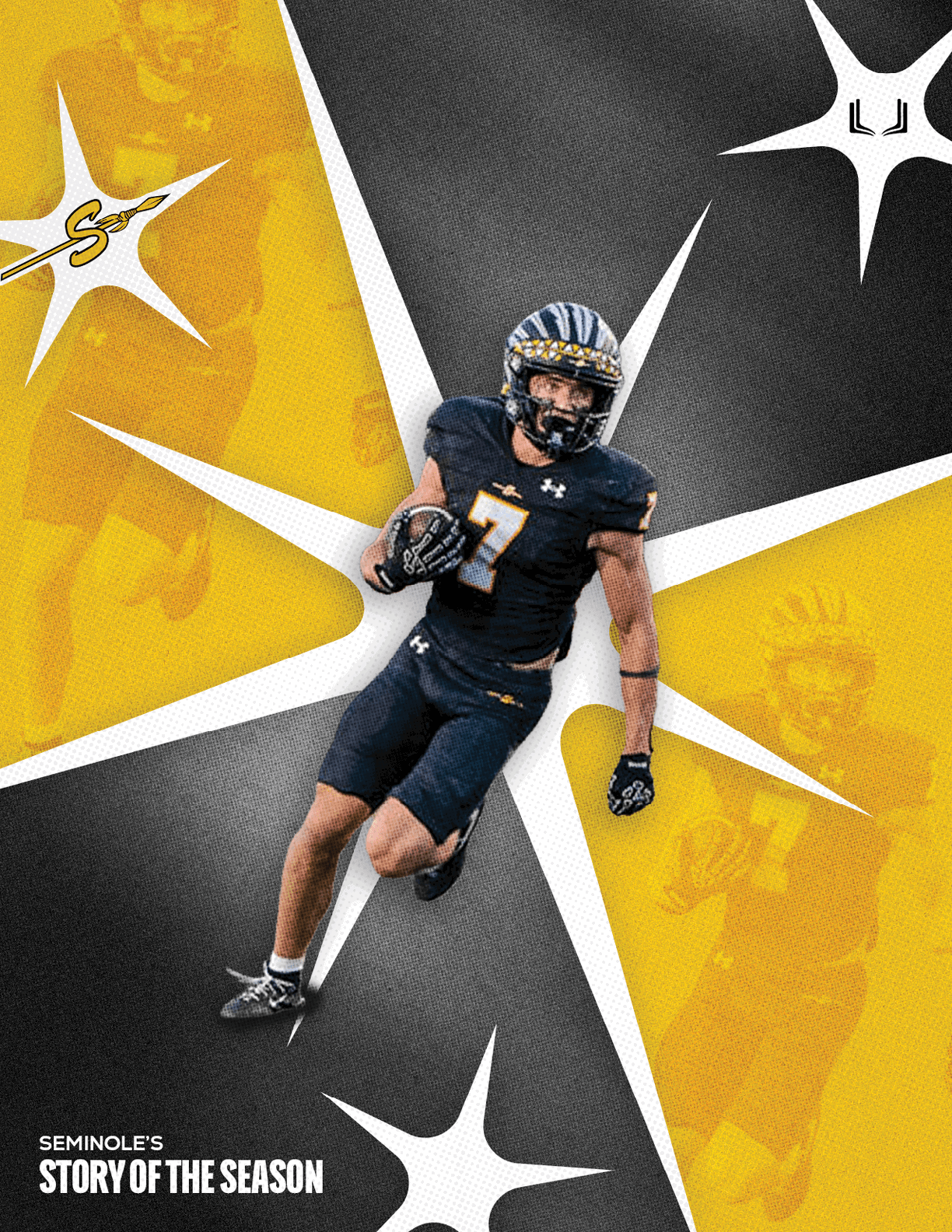 A person in a black football uniform with the number seven is running with a football against a background of yellow and black star shapes with faded images of the same person and the text “Seminole's Story of the Season." Description generated by AI