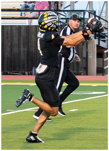A football player running on the field. Description generated by AI