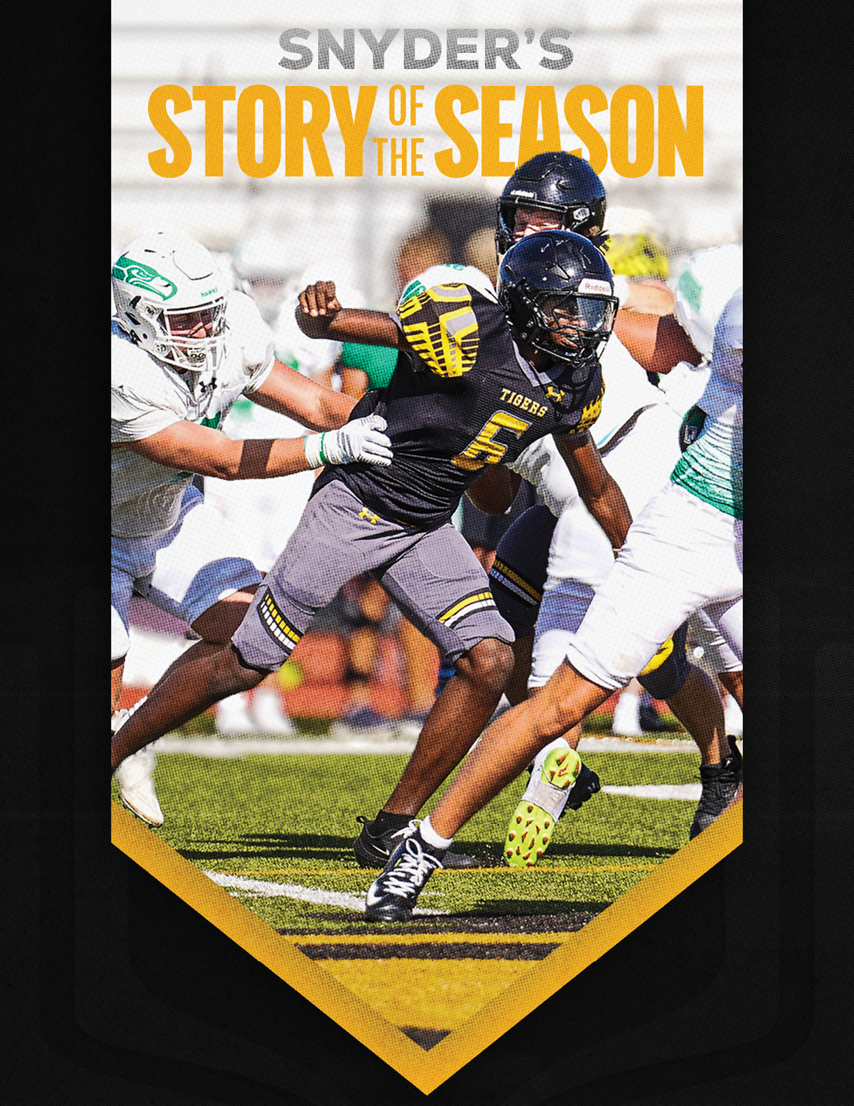 A group of people in football uniforms are actively playing on a field with one person in a black and yellow uniform running while others in white uniforms attempt to block or tackle. Description generated by AI