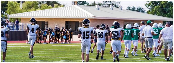 A group of football players on a field. Description generated by AI