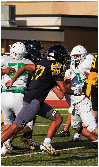 Two football players wearing blue and white uniforms. Description generated by AI