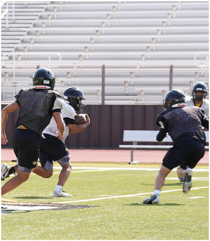 Three football players in blue and white uniforms running on a field. Description generated by AI