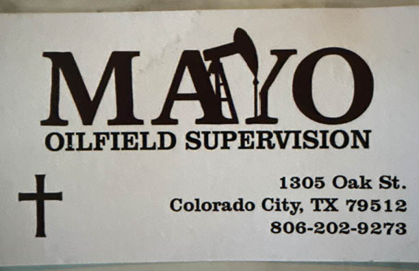 The image shows the top part of the word “MAYO" with the letter "A" stylized as an oil pumpjack. Description generated by AI